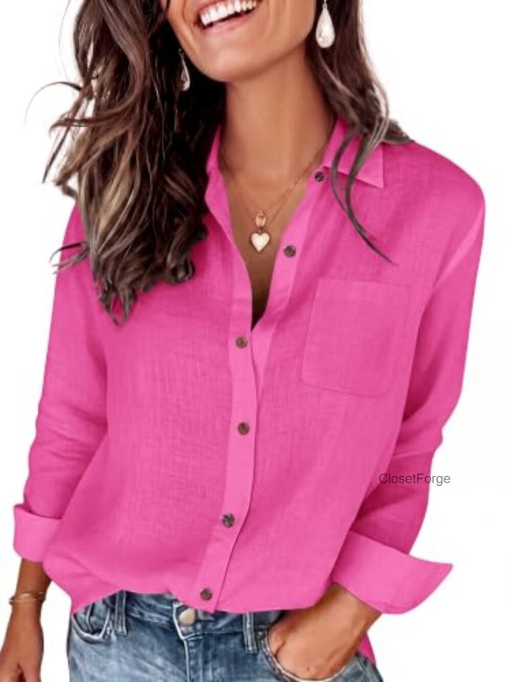 Cotton Gauze Button Down Shirt Long Sleeve Collared Blouse W Pocket